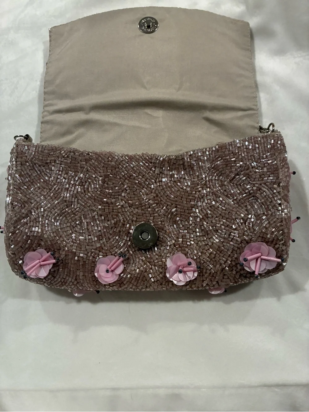 Beaded Floral Clutch Taupe/Pink Silver Chain Strap Snap Lined